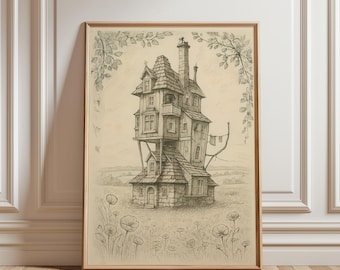 Boceto de La Madriguera / Impresión digital caprichosa de HP / Decoración cottagecore de la Casa Weasley / Arte mural del Mundo Mágico / Regalos de libros de fantasía