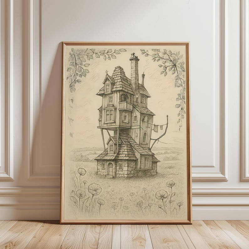 The Burrow Sketch | Whimsical HP Digital Print | Weasley House Cottagecore Decor | Wizarding World Wall Art | Fantasy Book Gifts image 1