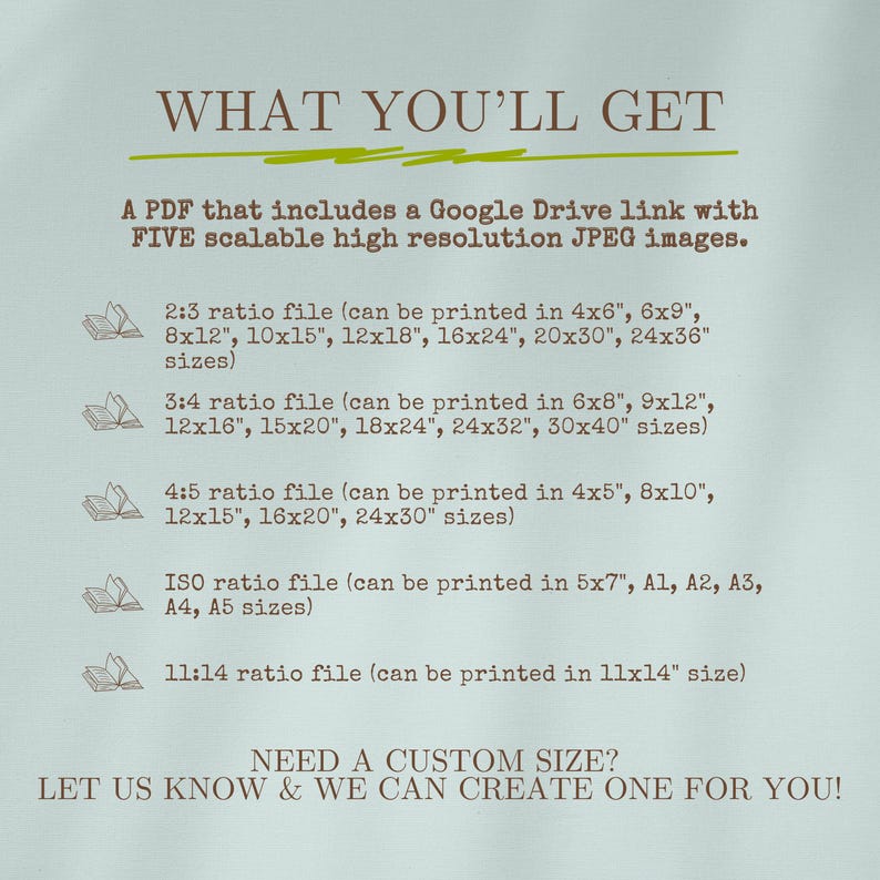May include: A digital art print details the file types and sizes available. Text includes "WHAT YOU'LL GET" and a list of ratios and sizes, such as 4x6, 8x12, and 16x24 inches. The image also mentions a Google Drive link.