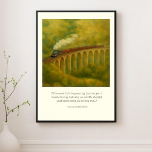 May include: A framed art print featuring a train on a stone bridge, set against a backdrop of green and yellow hues. The print includes a quote by Albus Dumbledore. The artwork is displayed in a black frame.