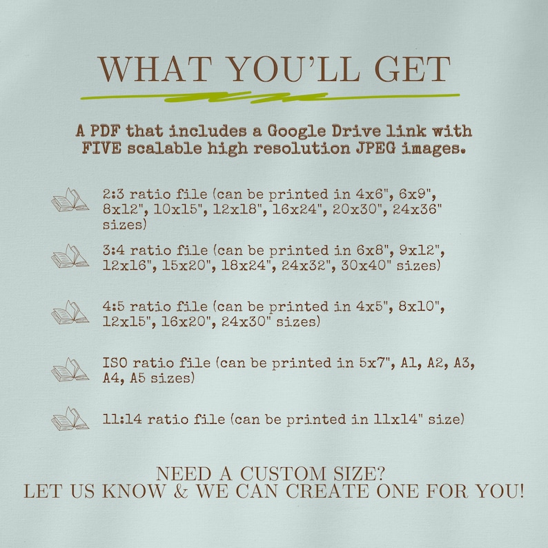 May include: A digital art print details the file ratios and sizes available. Text includes "WHAT YOU'LL GET" and lists print sizes like 4x6, 8x12, and 16x24 inches. It also mentions a Google Drive link for high-resolution JPEG images.