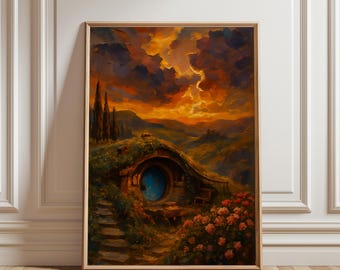 Cuadro de La Comarca al Atardecer: Arte mural de El Señor de los Anillos (impresión digital) / Póster del libro de fantasía de J. R. R. Tolkien