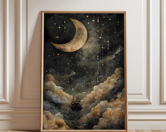 Viaje de Peter Pan al País de Nunca Jamás (Impresión digital): Arte mural de fantasía con luna celestial y barco pirata / Cuento de hadas con cielo estrellado