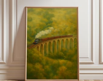 Impresión digital del Tren Mágico de Hogwarts / Decoración de libros de Dark Academia / Arte cottagecore verde caprichoso / Regalo para amantes de los libros