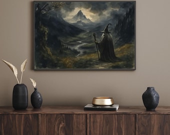 Lámina artística de Gandalf: Mago de El Señor de los Anillos inspirado en Tolkien (Descarga digital) / Arte mural en acuarela estilo Dark Academia y gótico