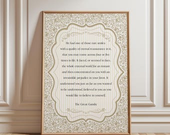 Arte con cita vintage de El Gran Gatsby (impresión digital): Arte mural botánico Light Academia / Decoración clásica para amantes de los libros