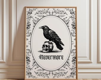 Cuervo Nunca Más: Ilustración Vintage de un Cuervo y una Calavera (Impresión Digital) / Arte Mural de Poesía Gótica de Edgar Allan Poe / Decoración Dark Academia
