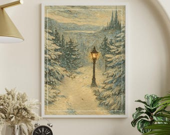 Impresión digital de farola vintage inspirada en Narnia: Ilustración del cuento El león, la bruja y el armario / Decoración para habitación infantil y rincón de lectura