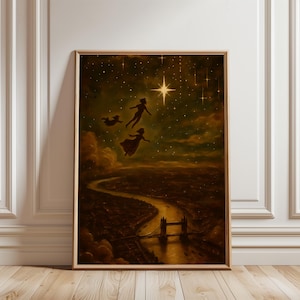 Peter Pan & Wendy Wall Art: Magical Flight To Neverland (Digital Print) | Whimsical Children's Literature Decor | Dreamy Starry Night Sky