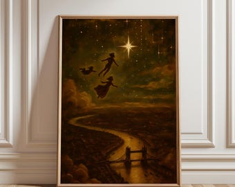 Arte mural de Peter Pan y Wendy: Vuelo mágico al País de Nunca Jamás (impresión digital) / Decoración infantil caprichosa / Cielo estrellado de ensueño