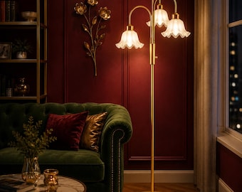 Gold Flower Floor Lamp, 3 Light Dimmable Tree Floor Lamp, Tall Floral Standing Lamp for Living Room Bedroom Decor