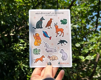 Stickervel met middeleeuwse dieren – Glanzende vinyl kunstset (11,5 x 16 cm)