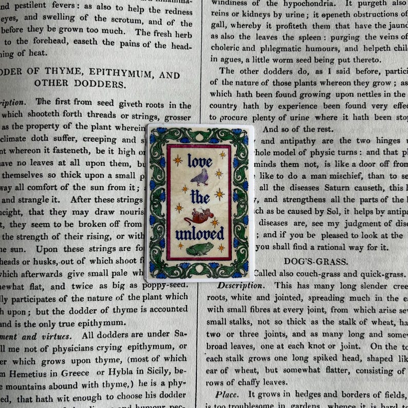 May include: A rectangular sticker featuring a decorative green and blue floral border surrounding the text "love the unloved" in blue lettering, accompanied by small illustrations of a bird, a mouse, and a frog, accented with gold stars.