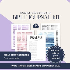 Puede incluir: Un kit de diario bíblico digital titulado PSALM FOR COURAGE BIBLE JOURNAL KIT, que incluye hojas imprimibles con pegatinas de estudio bíblico en cuatro juegos de colores, una página de texto de PSALMS capítulo 27 ASV y un icono de descarga azul oscuro sobre un fondo violeta claro.