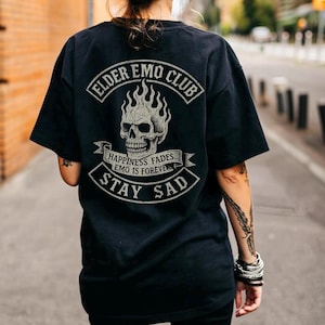 Elder Emo Club T-Shirt, Comfort Colors Shirt, Y2K Grunge Alt Streetwear Emo Goth Motorcycle Club, Gothic Emo Punk Skull Flames Vintage Tee