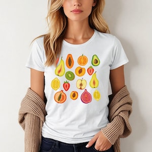 Her Fruit, Colorful Fruit Print Women&#39;s Softstyle Tee, Watercolor Labia-Inspired Fruit Tee, Summer Top, Feminist top