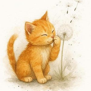 Nursery Decoration Animals - Red Kitten and Dandelion - Watercolor Cat - Art Print Cat Illustration - (Digital Download)