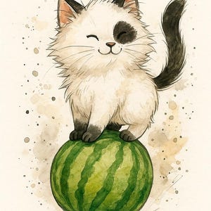 Kunstdruck Katze Illustration – Kleines Kätzchen balanciert auf einer Wassermelone - Kinderzimmerdekoration Tiere  (Digital Download)