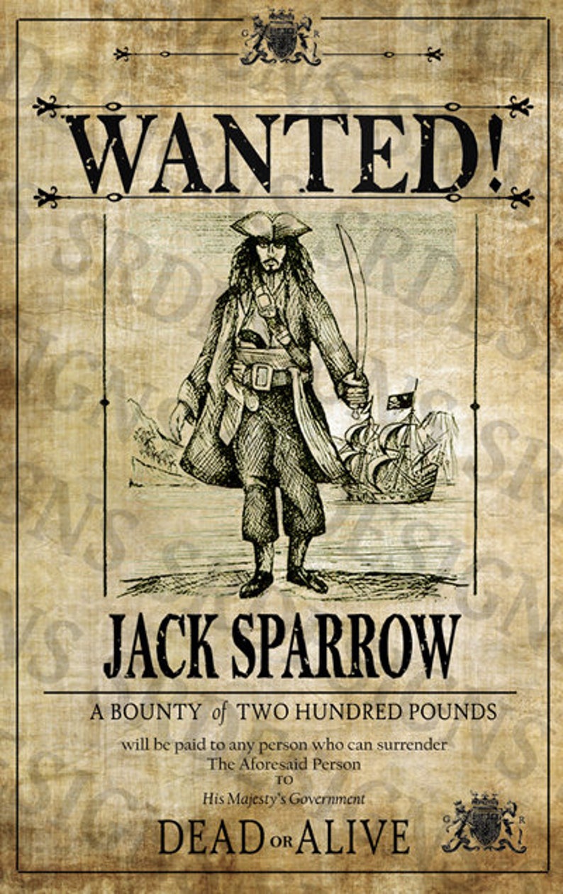 PRINTABLE Pirates of the Caribbean 'WANTED' Poster Jack Sparrow Poster Digital Captain Jack Sparrow Artwork image 1