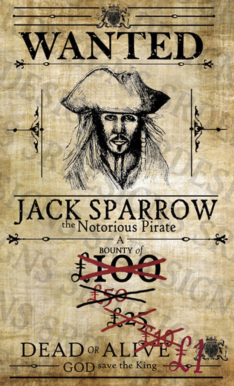 PRINTABLE 3 PACK Pirates of the Caribbean 'WANTED' Posters Jack Sparrow Posters Digital Captain Jack Sparrow Artwork image 1