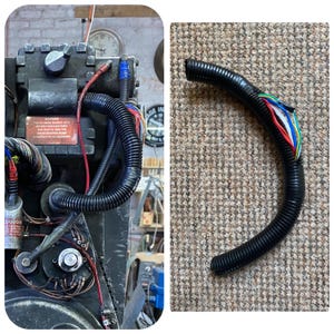 May include: A black wire loom with multiple colored wires running through it. The loom is bent into a C shape. The wires are red, white, blue, black, and green.