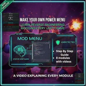 以下が含まれることがあります： 「MAKE YOUR OWN POWER MENU」と「MOD MENU」のテキストが入ったデジタルグラフィック。脳のグラフィック、コードウィンドウ、「Step By Step Guide」、「8 modules with videos」の文字が含まれています。