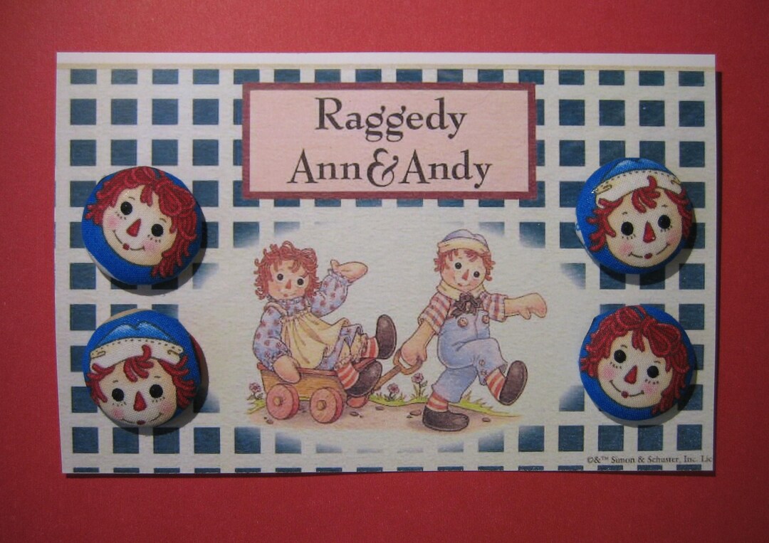 Raggedy Ann and Andy Fabric Covered Aluminum Buttons for Sewing