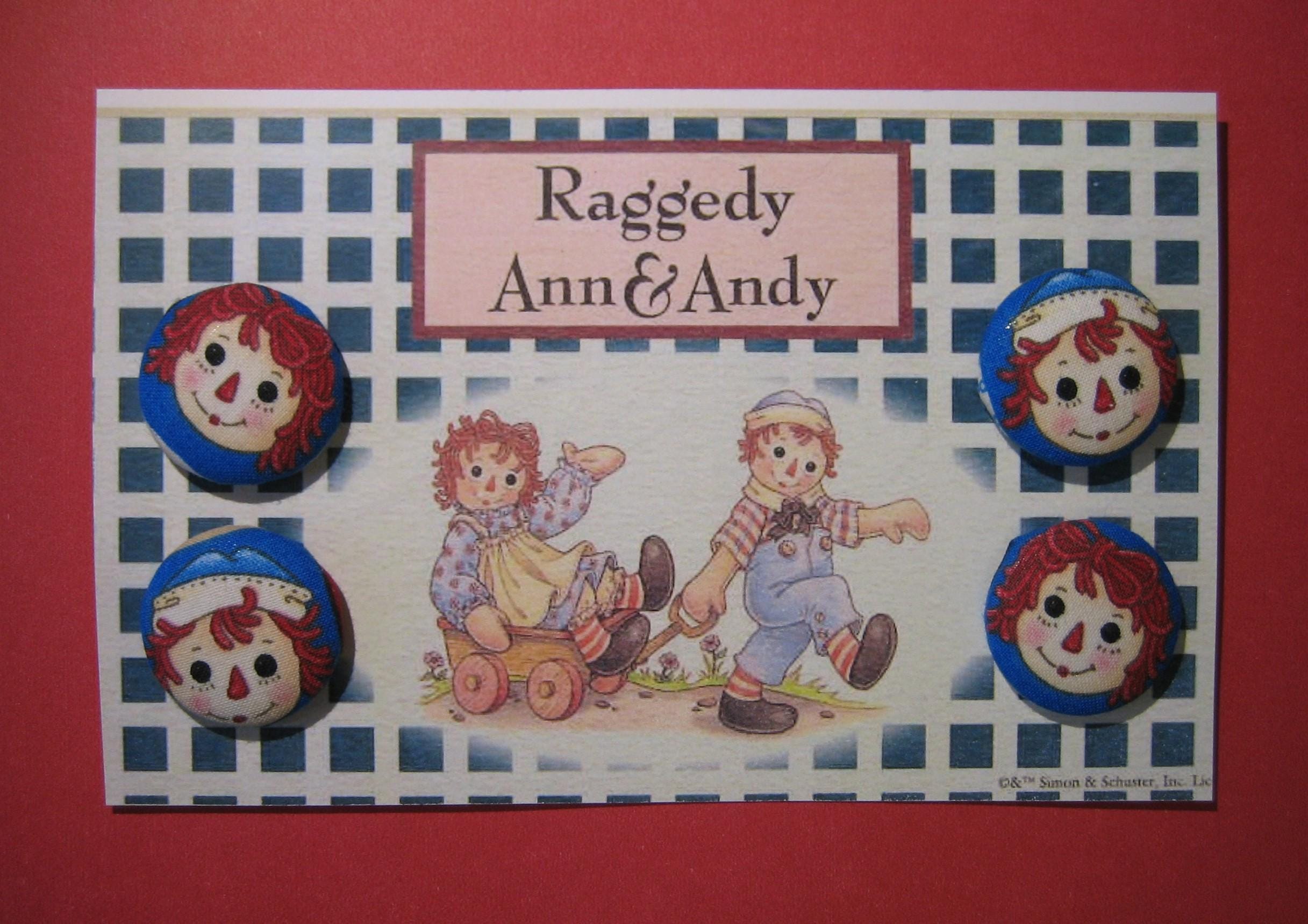 Raggedy Ann and Andy Fabric Covered Aluminum Buttons for Sewing