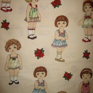 May include: A repeating pattern of illustrated girls in dresses and bloomers, with red bows and poinsettia flowers. The girls are in various poses, with different hairstyles and dress colors. The background is a light beige color.