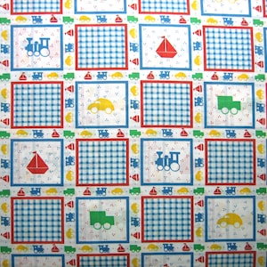 Vintage babykatoen, primaire kleuren, met transportfoto's (Springs Industries) uit de jaren 80, 26 inch lang, 44 inch breed