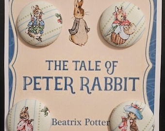 SALE : Beatrix Potter BUTTONS fabric self covered aluminum buttons ( set of 4 )