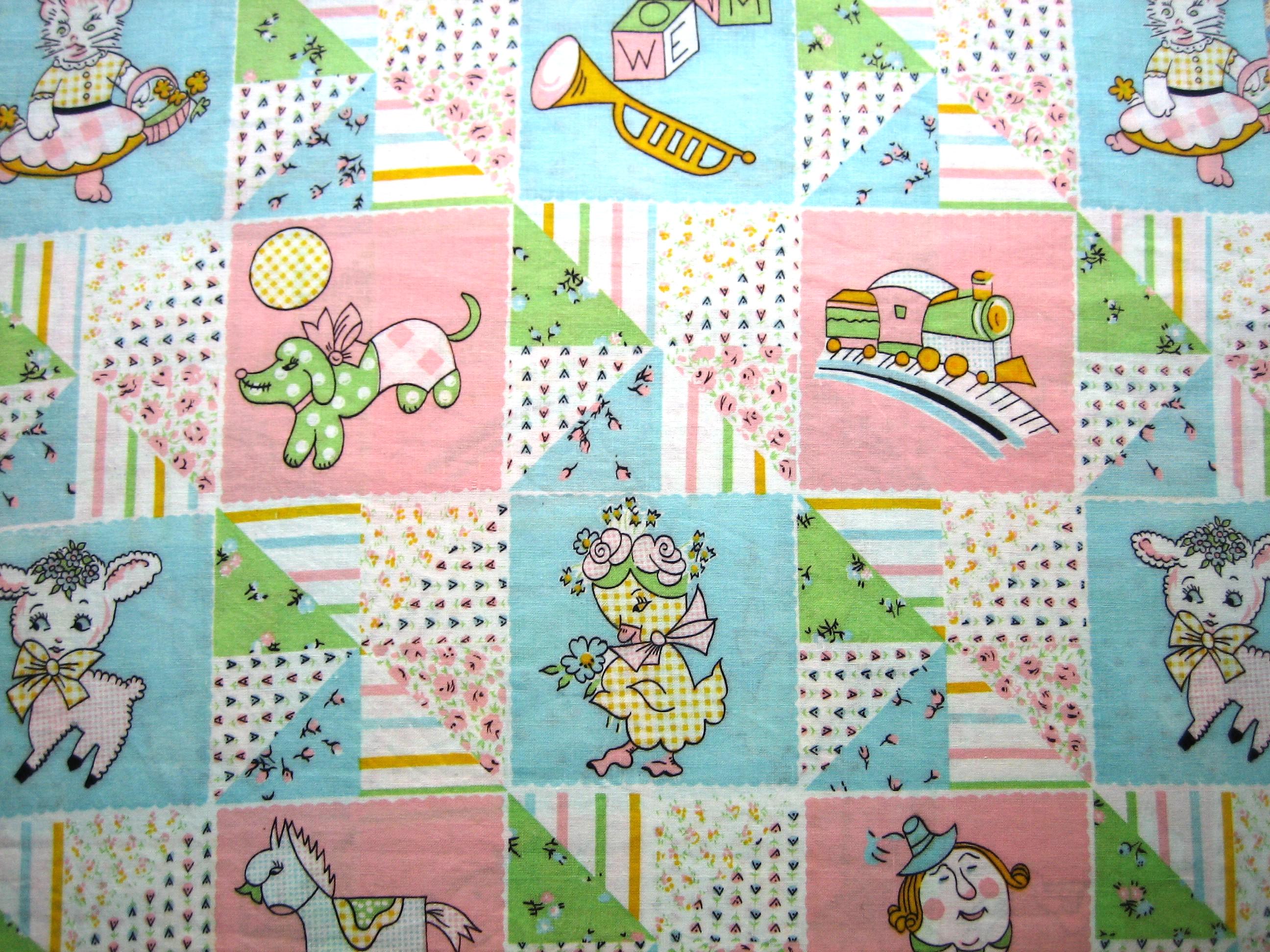 REDUCED PRICE :  Vintage baby cotton fabric cheater panel pastel colors with baby toys ( 36 inches long and 34 inches  wide) from the 1980s