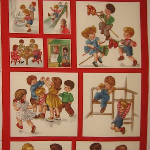 May include: A colorful fabric panel with a red border features a variety of illustrations of children playing. The illustrations include children playing with toys, building blocks, and riding a rocking horse. The fabric panel is perfect for quilting, crafts, and home decor.