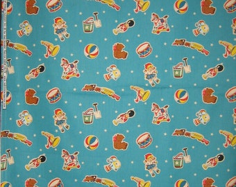 Red Rooster Fabric "Tiny Tots" by Vintage Workshop DSN# 18179 (BTHY) blue background