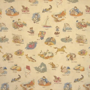 REDUCED PRICE : Fabric Words and Pictures 26 letters by Chloe&#39;s Closet for Moda (  21 x 44 inches ) cream background