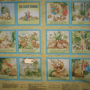 May include: A colorful fabric panel with illustrations of bunnies from the story "The Flopsy Bunnies". The panel features text from the story, including "The Flopsy Bunnies" and "When Benjamin Bunny grew up he married a cousin Flopsy. They had a large family and were very important and full of mischief."