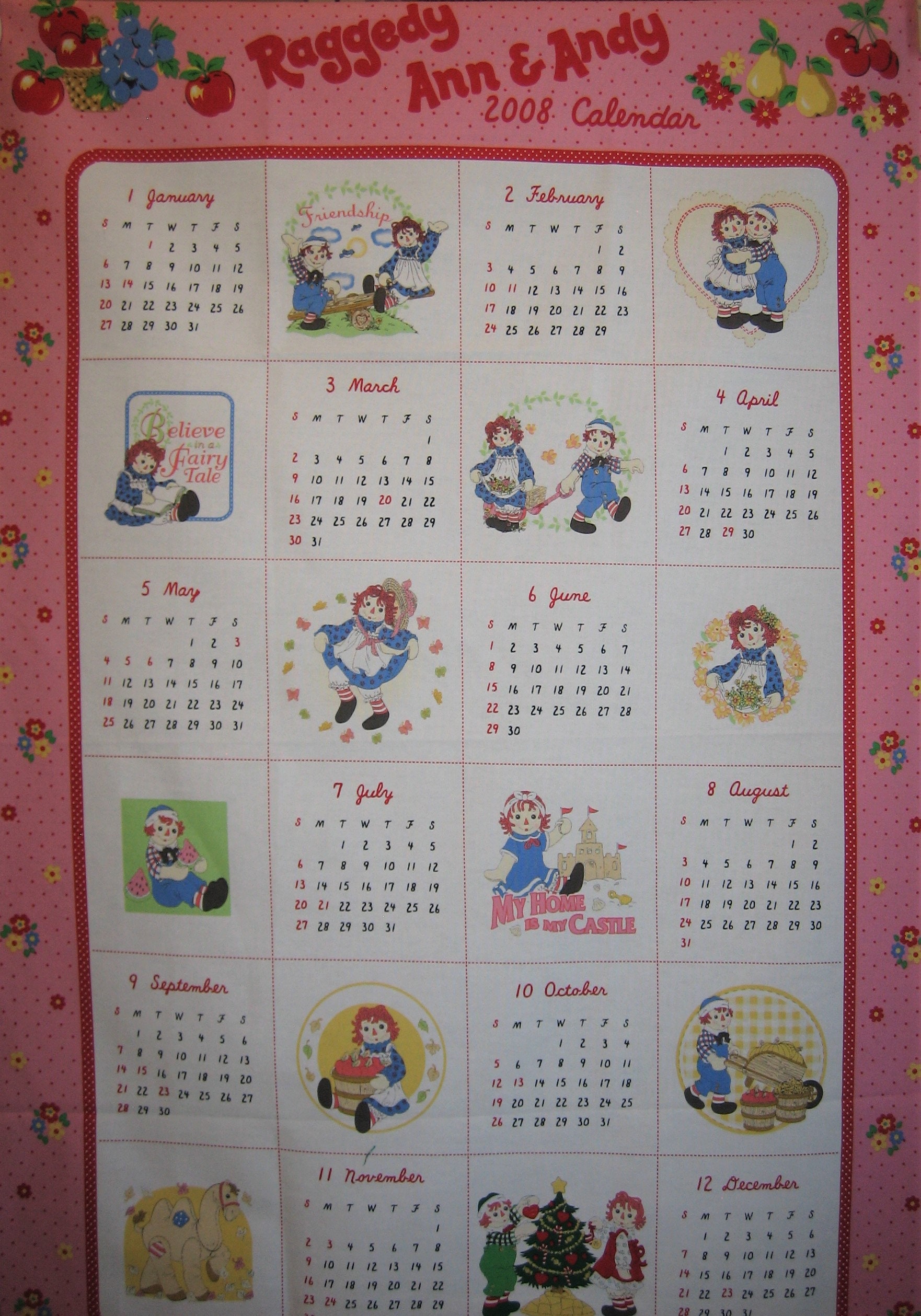 Raggedy Ann and Andy Fabric Calendar 2008 Lecien Simon and Schuster - Etsy