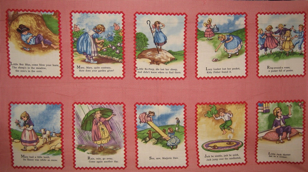 Moda Storytime Nursery Rhymes Panel in Rick Rack Frames on Red Etsy