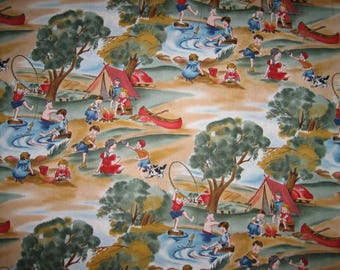 REDUCED PRICE : CAMP scenes on tan, by Michael Miller COO21  ( 18 x 44 inches )