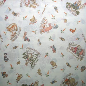 Beatrix Potter fabric characters , on cream background, with names in scrolls under the pictures  ( 25 x 48 inches )  1980&#39;s, soft cotton