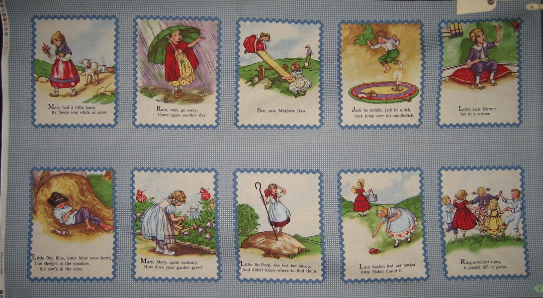 Moda Storytime Nursery Rhymes Panel in Rick Rack Frames Blue 25 X 44
