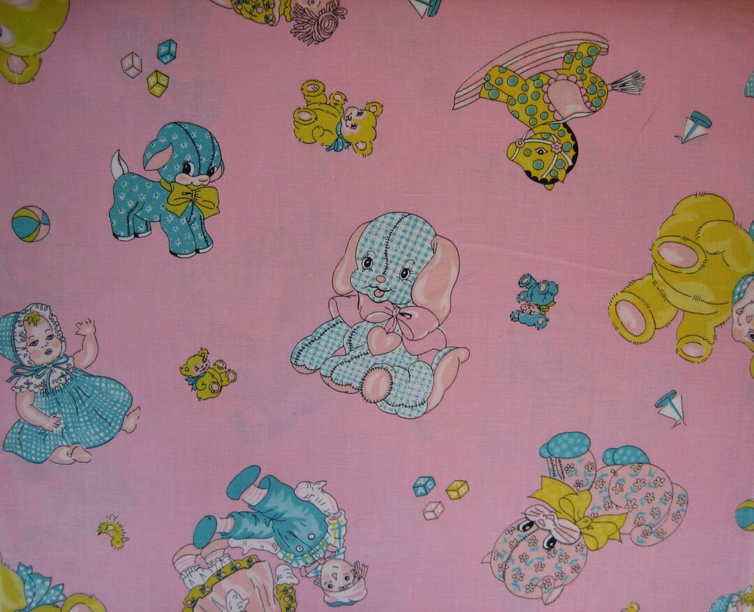 Vintage Baby Fabric With Raggedy Ann and Andy With Baby Toys on Pink 26