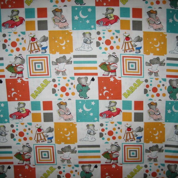 Babar the Elephant fabric with family members, patterned squares in between, Camelot fabrics # 35500102