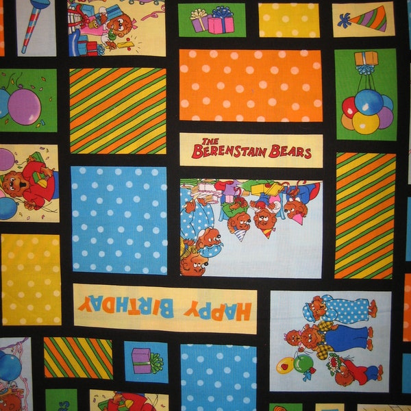 Berenstain Bears  " Beary Happy Birthday "  by Moda # 55521 on black background, scenes inside square/ rectangular shapes,  2013