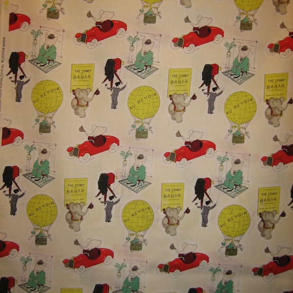 Babar the Elephant fabric  with books, cars and balloons,  Camelot fabrics # 35500104