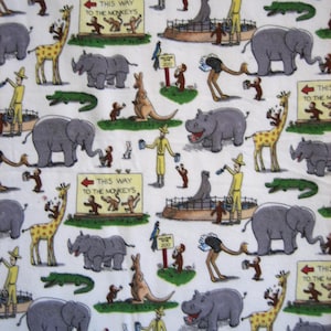 May include: White fabric featuring a repeating pattern of zoo animals and zookeepers. The animals include elephants, giraffes, rhinos, hippos, kangaroos, ostriches, and crocodiles. Signs read "This Way To The Monkeys" and "Zoo 200".