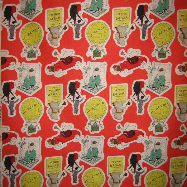 Babar the Elephant fabric  with books, cars and balloons, on red, Camelot fabrics # 35500104 ( 18 x 44 inches )