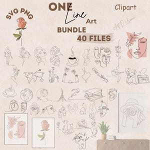 May include: A digital art bundle featuring 40 one-line art designs in SVG and PNG formats. The collection includes illustrations of faces, flowers, animals, and other objects. The text "ONE Line Art BUNDLE 40 FILES" is displayed.