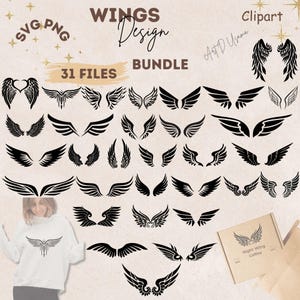 Wings SVG PNG Bundle | Feathered And Fantasy Wing Designs | Angelic Digital Clipart | Tattoo Art Craft Files for Shirts & Decor And Stickers