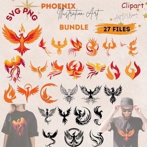 May include: A collection of phoenix illustrations in various styles and colors, including orange, red, and black. The image includes the text "SVG PNG" and "Phoenix Illustration Art Bundle 27 Files".